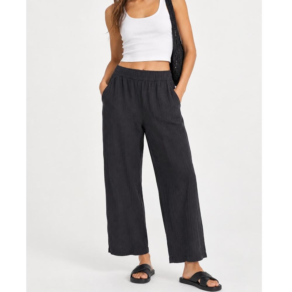 Free People Crinkle Gauze Cotton Pull On Pants Black Size Medium